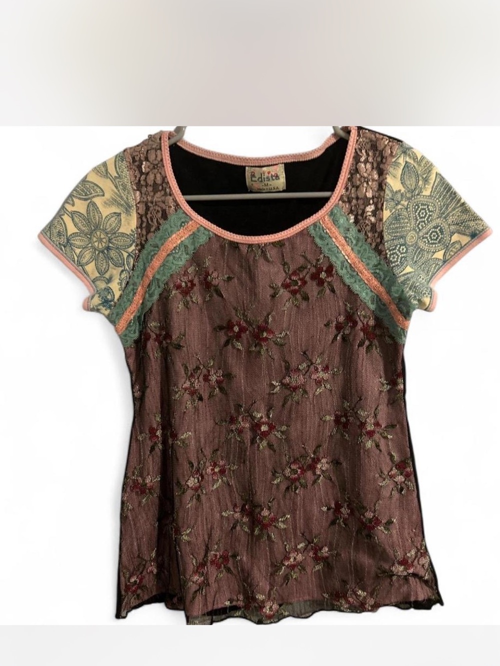 Boho Floral Patchwork Short Sleeve Top in Mauve